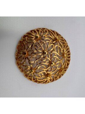 VTG Monet Gold Tone Filigree Brooch Dome Floral Ribbon Design 1980s Signed Pin